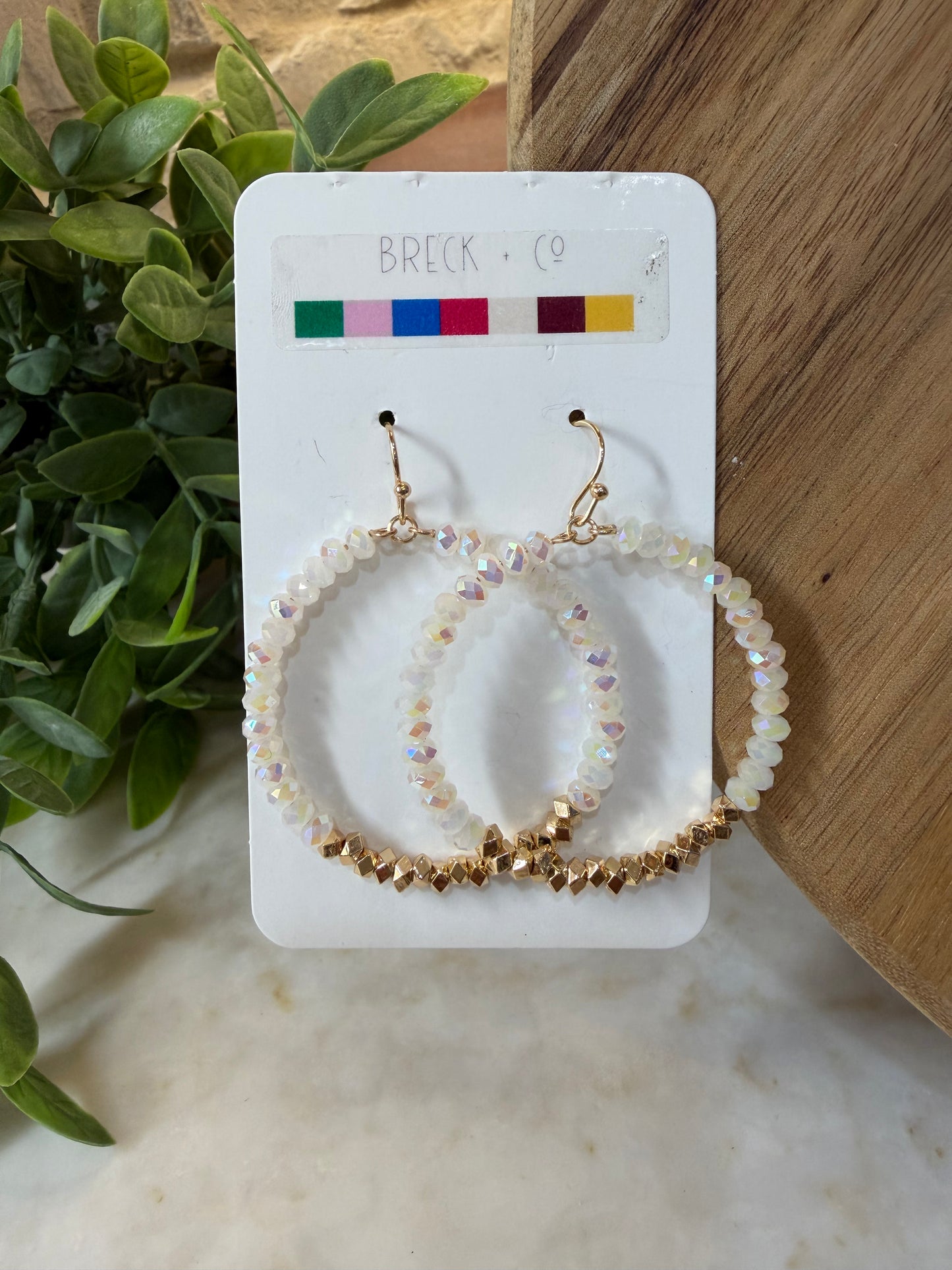 Round White and Gold Beaded Earrings