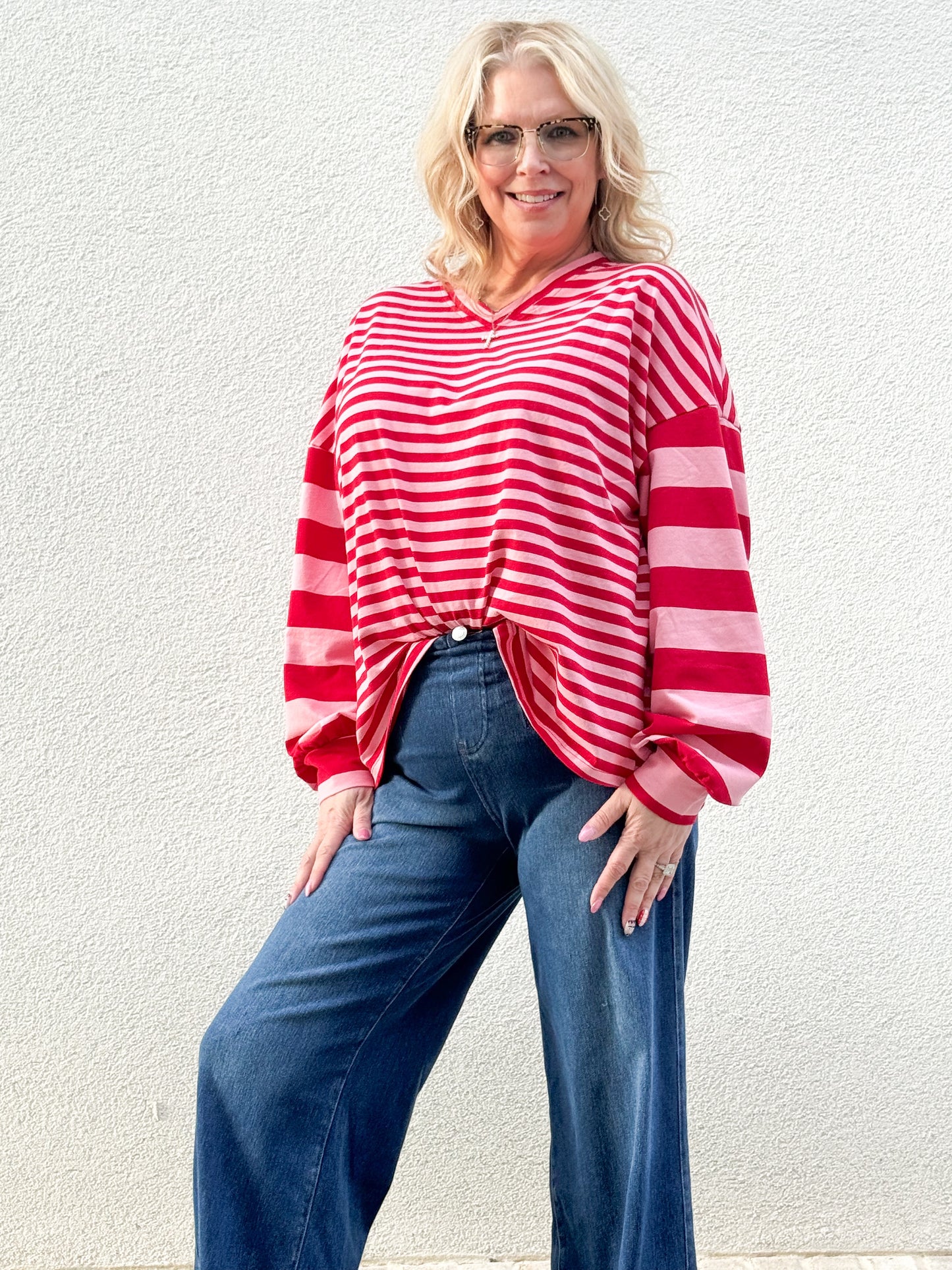 Pink and Red Drop Shoulder V-Neck