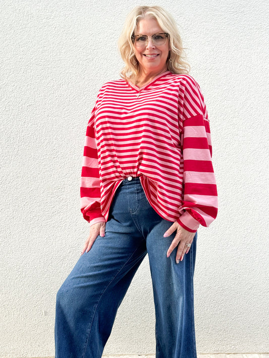 Pink and Red Drop Shoulder V-Neck