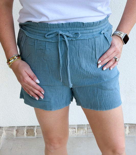 Blue Grey Drawstring Shorts
