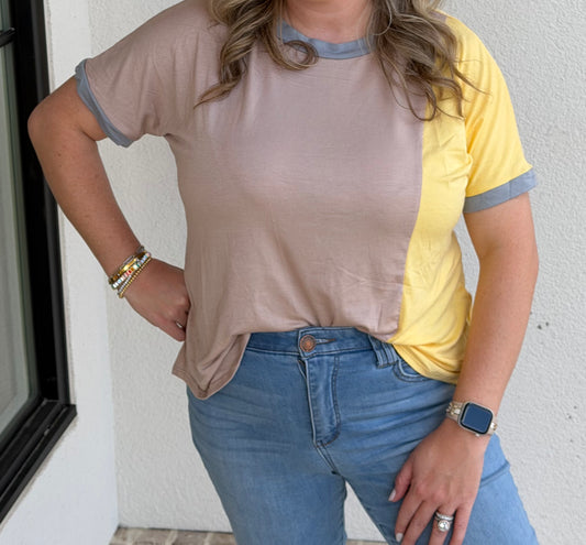 Color Block Top in Taupe and Yellow