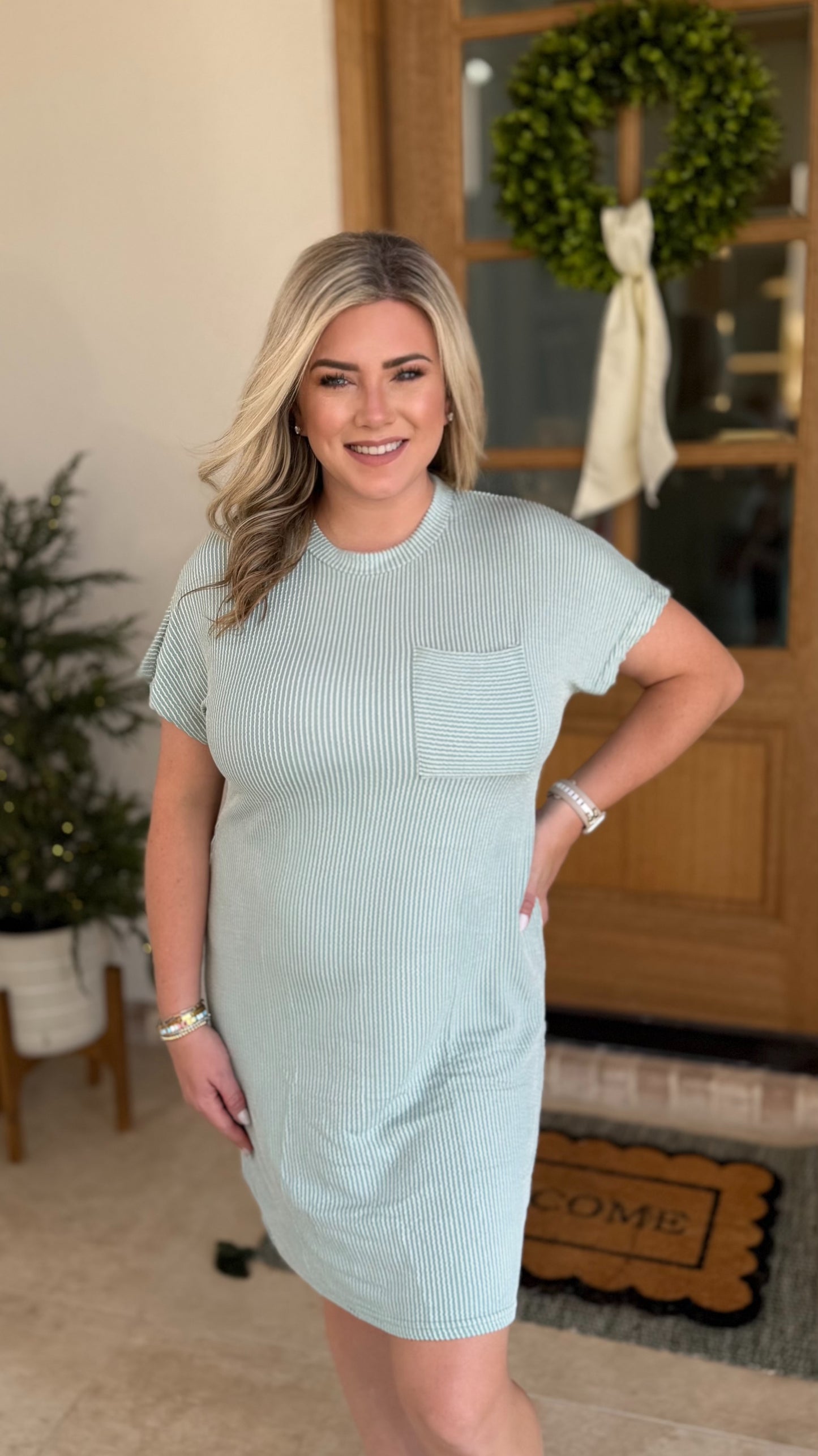 Teal Green Ribbed Dress with Pocket