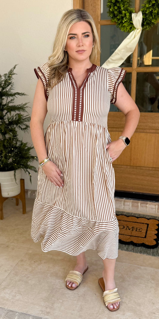 Ruffle Stripe V Neck Midi Dress
