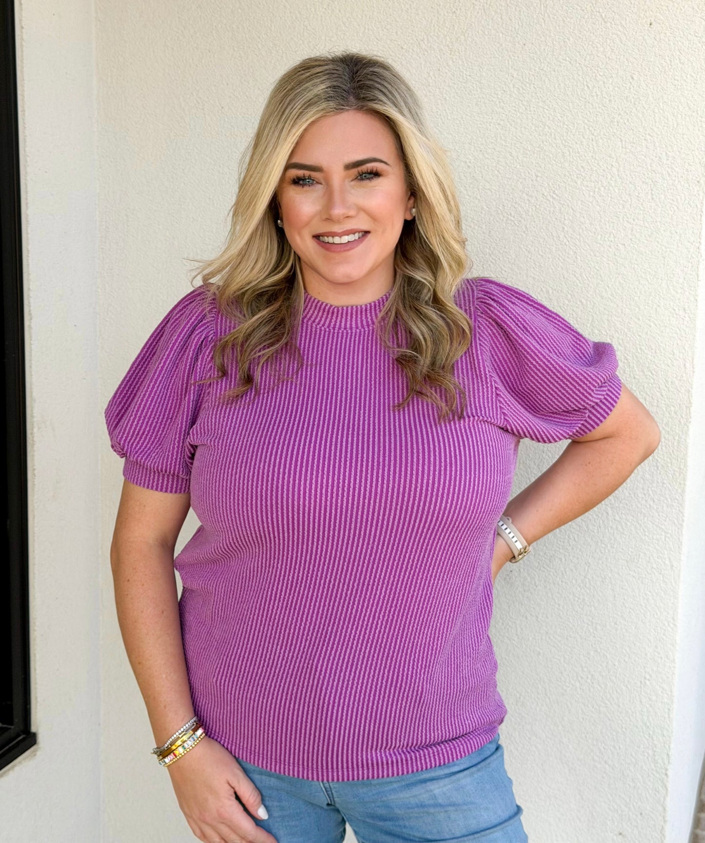 Ribbed Puff Sleeve Top