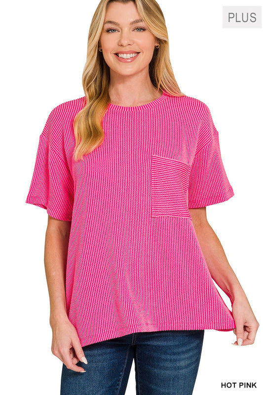 Hot Pink Ribbed Front Pocket Top